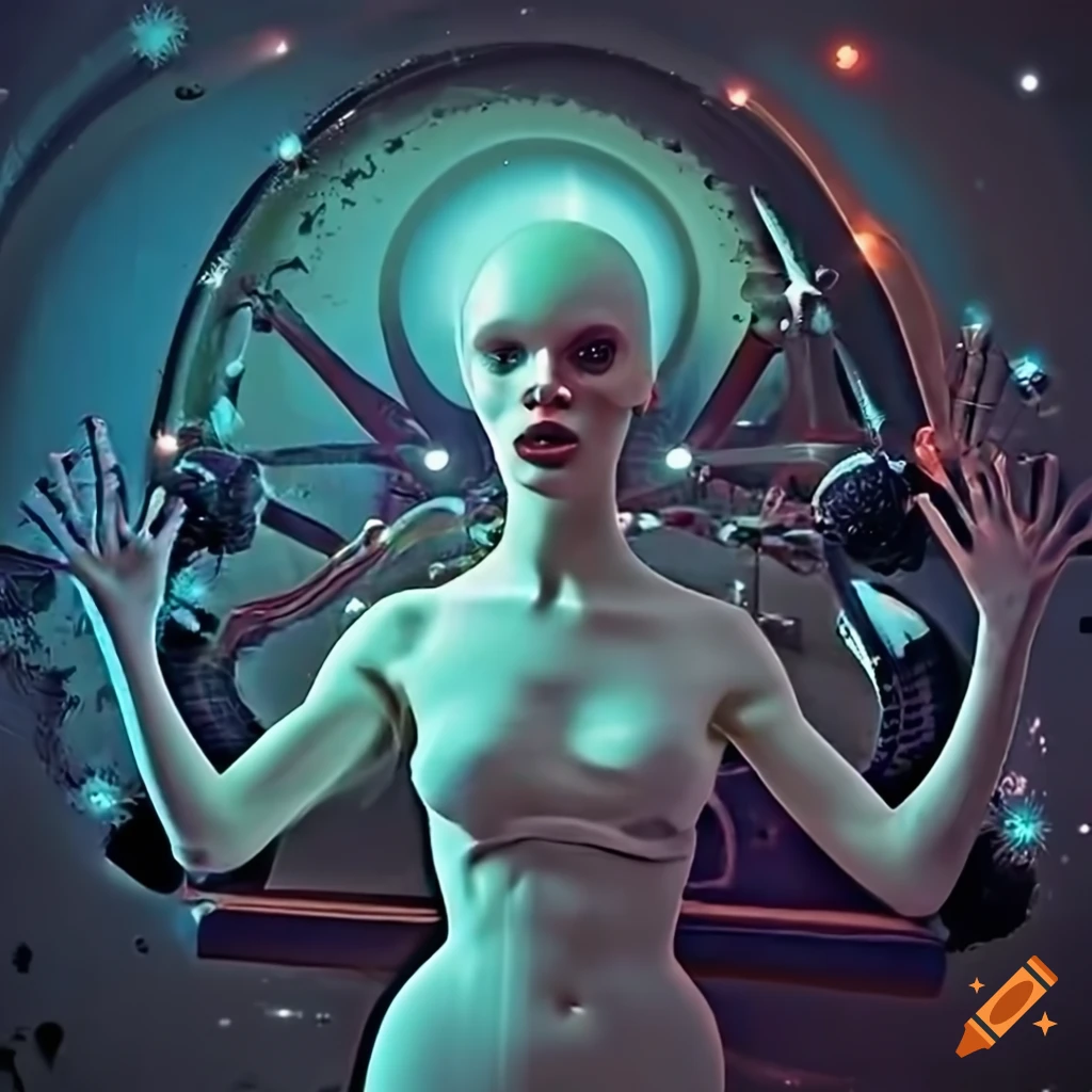 Surrealist aliens inside an organic spaceship with vintage 1960s Christmas show vibes