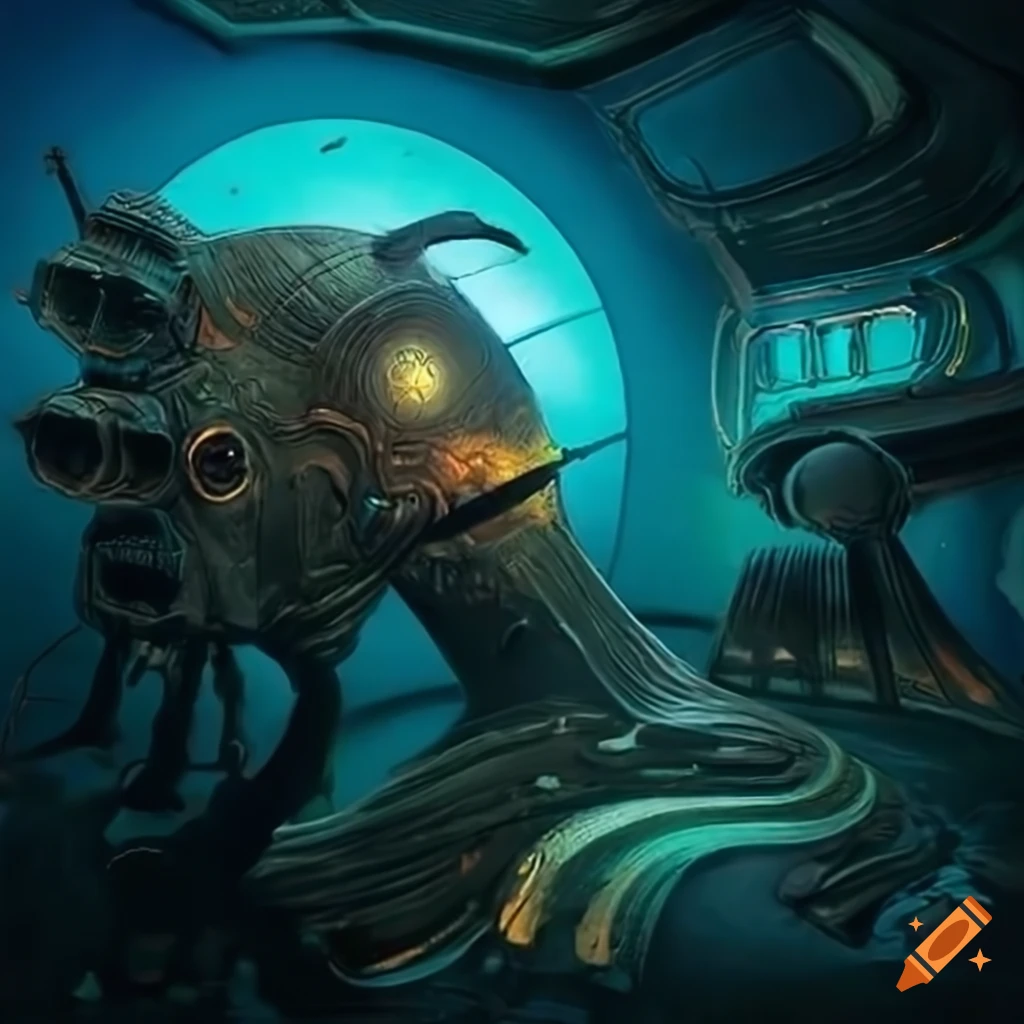 Surrealist aliens inside asymmetrical organic spaceship with strange machines and light boards