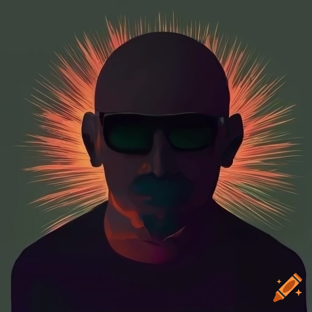 Silhouette of a bald man wearing sunglasses against a metal music background
