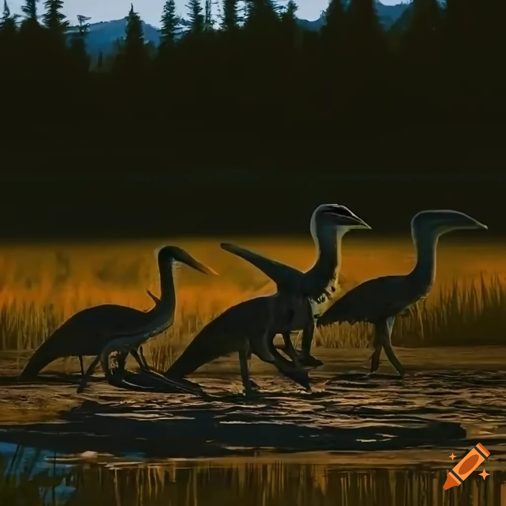 Feathered gallimimus dinosaurs with Houbara Bustard color pattern by a British Columbia lake