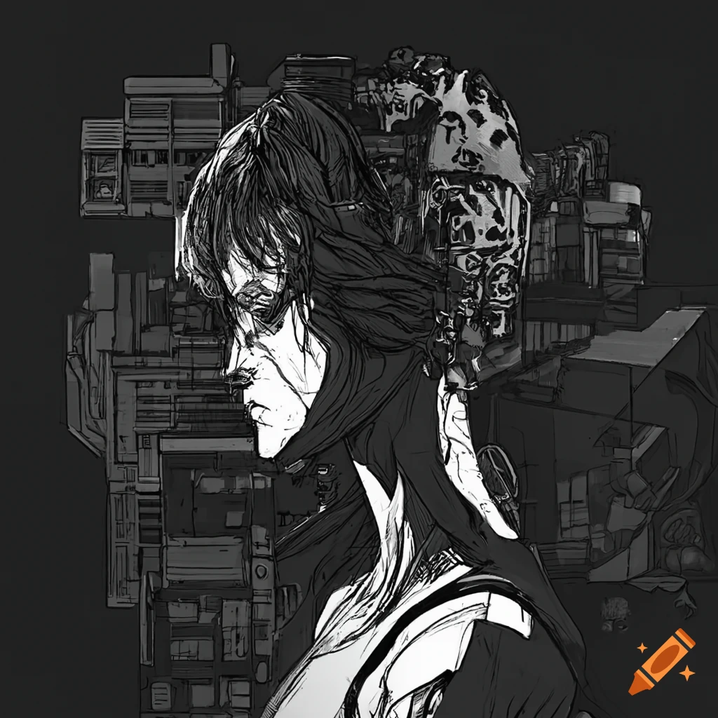 Cyberpunk pilot in Masamune Shirow and Katsuhiro Otomo inspired line art