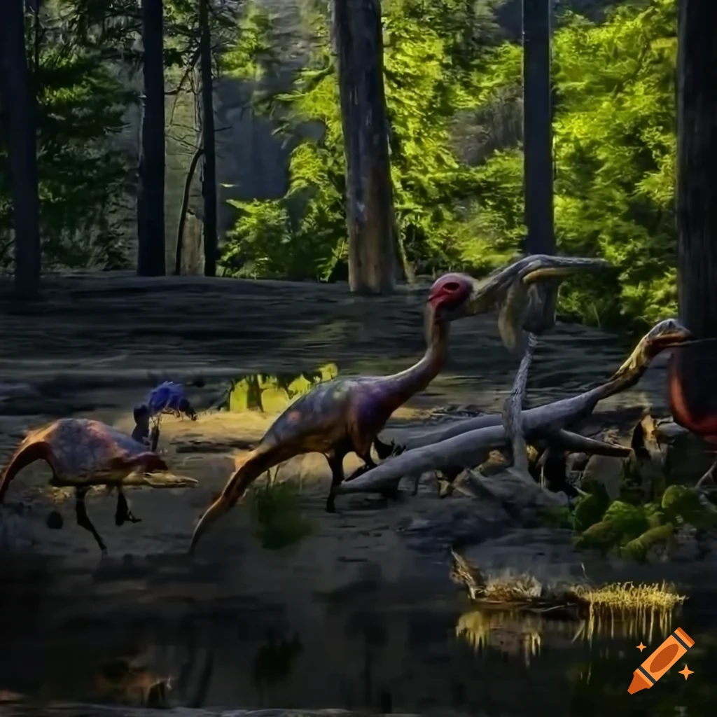 Feathered gallimimus dinosaurs with pheasant coloration at a British Columbia lake