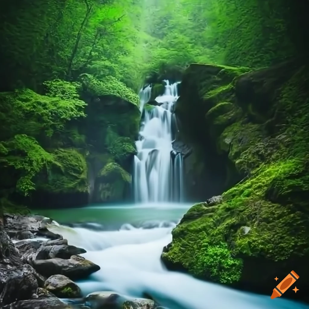 Waterfall with white water, surrounded by hills, flowers, and fog