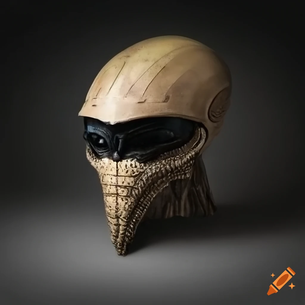 Alien combat helmet with ornaments and ear holes, view slightly to the right