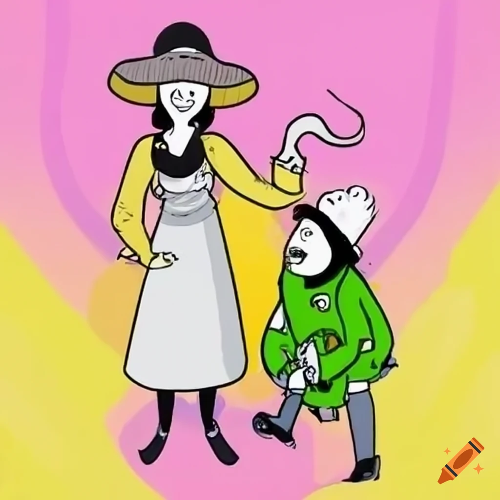 Breton woman in cartoon style with a priest's good woman for music