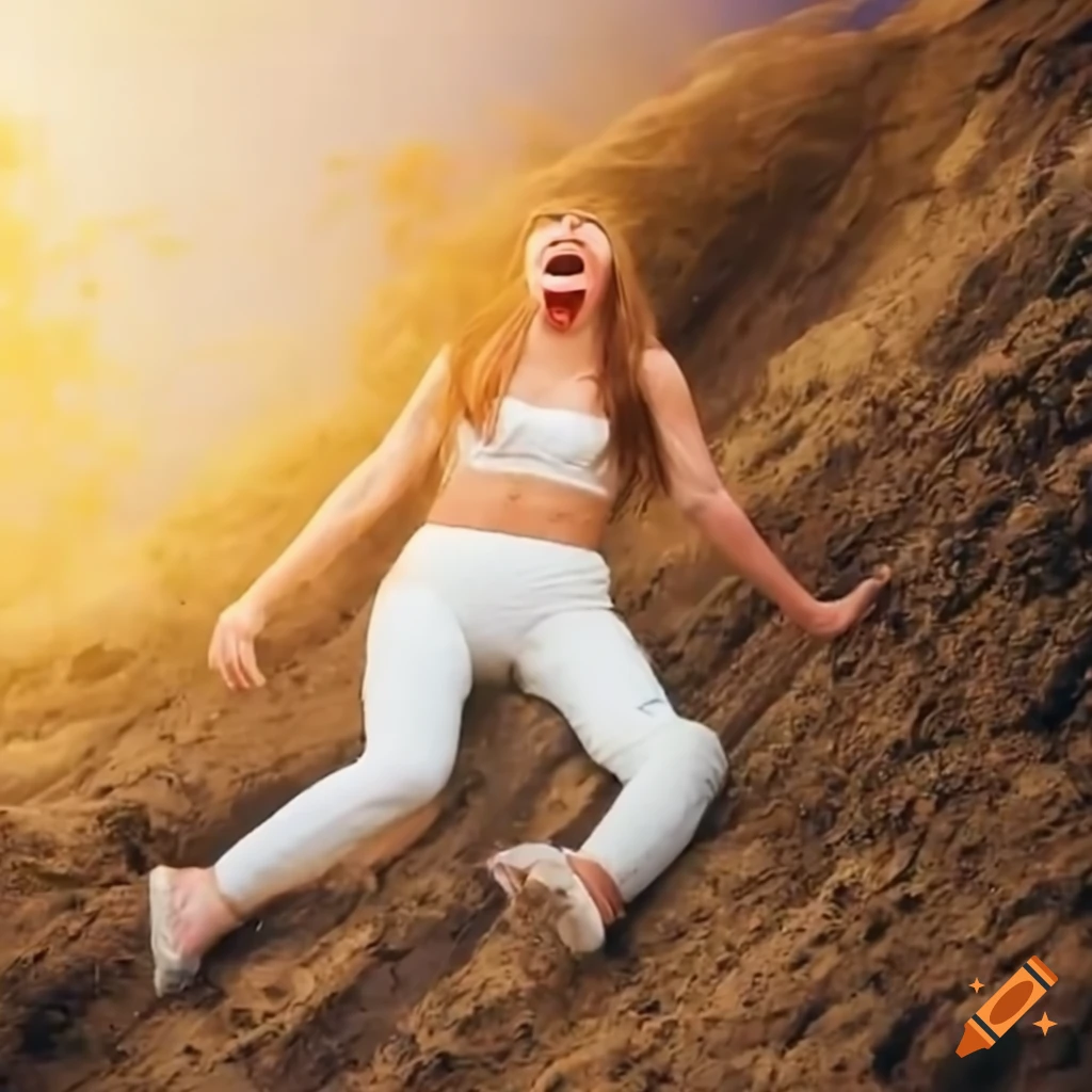Woman in white jeans sliding down a steep muddy hill