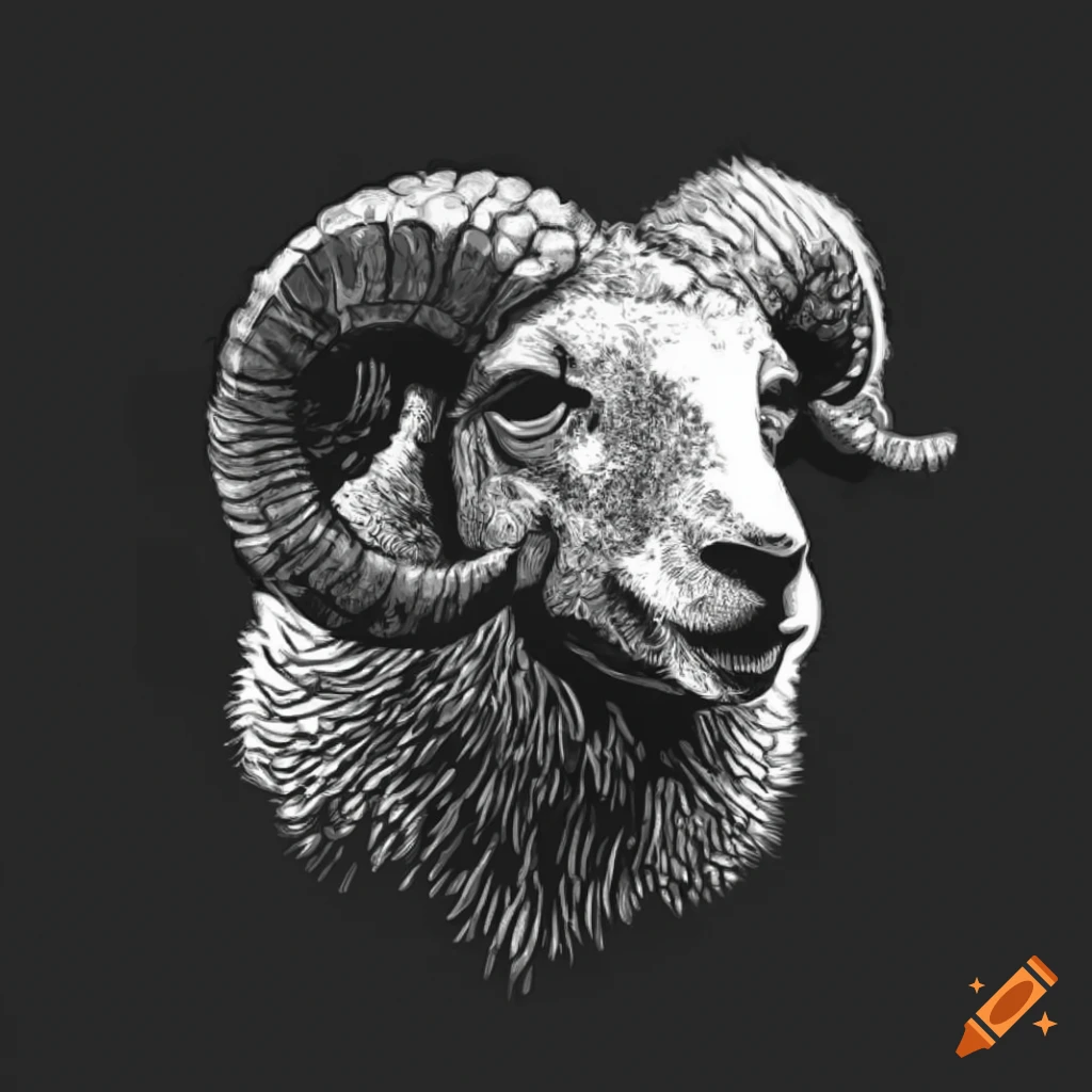 Head of Marino ram sheep etch vector
