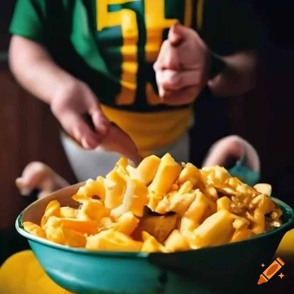 Dedicated fan enjoying Green Bay Packers cheese curds at tailgate party