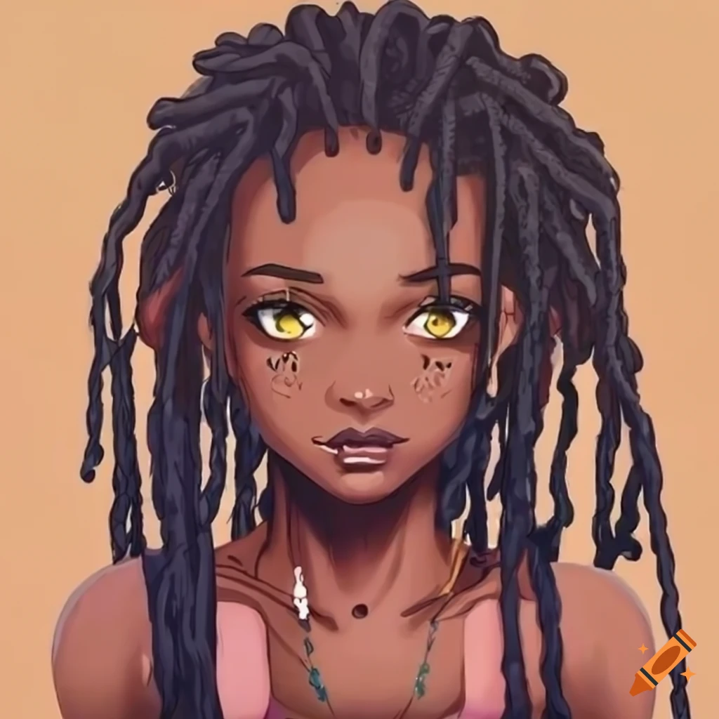 Cute African girl with dreadlocks and ebony skin in anime style