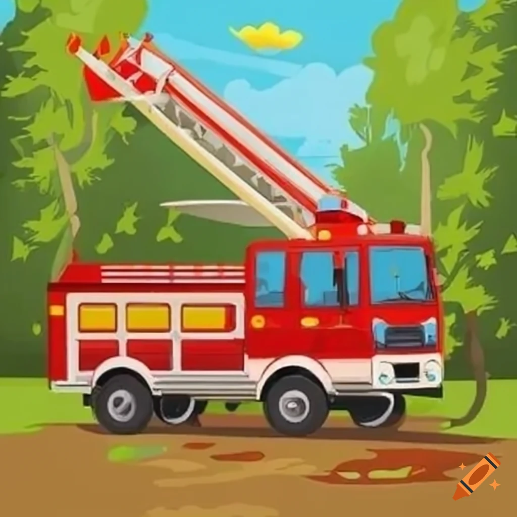 Fire truck with extended ladder reaching the highest tree branch, saving a child's drawing