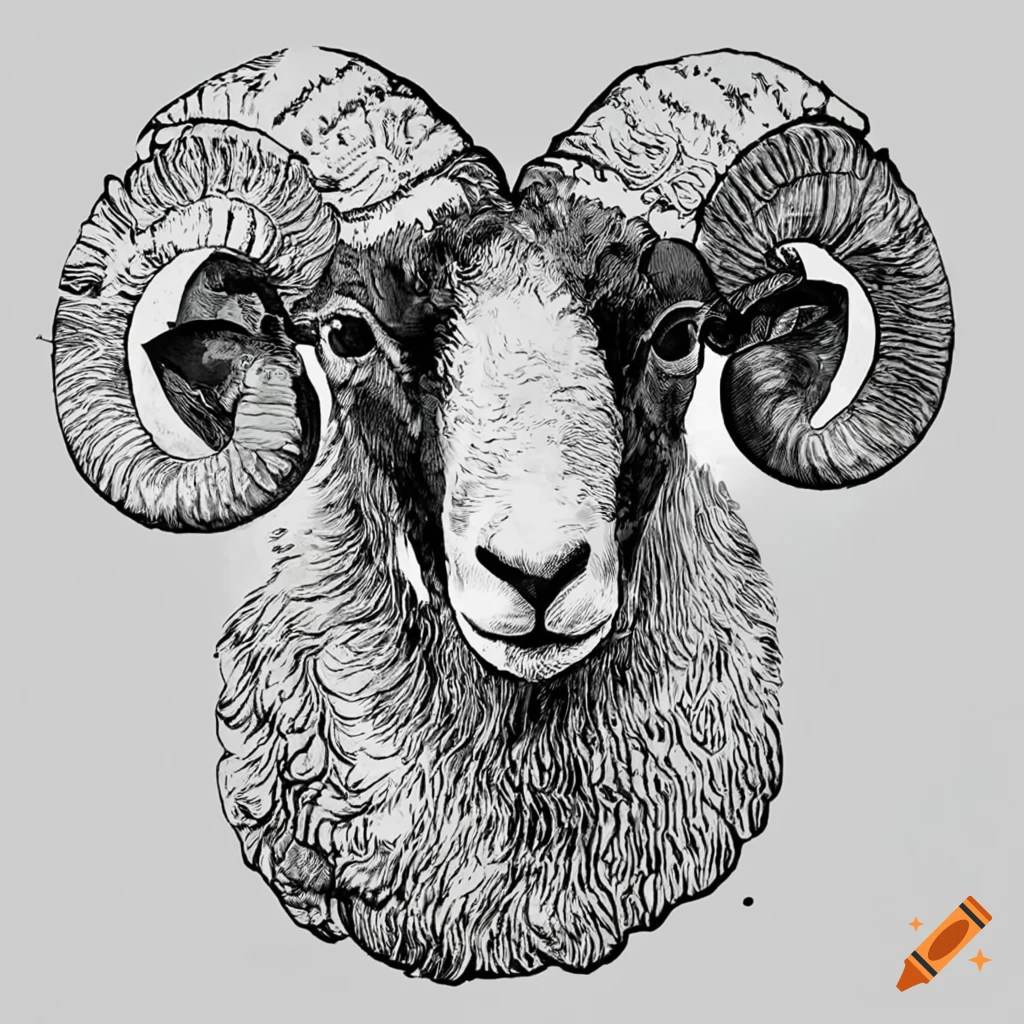 Head of Marino ram sheep etch vector from an angle