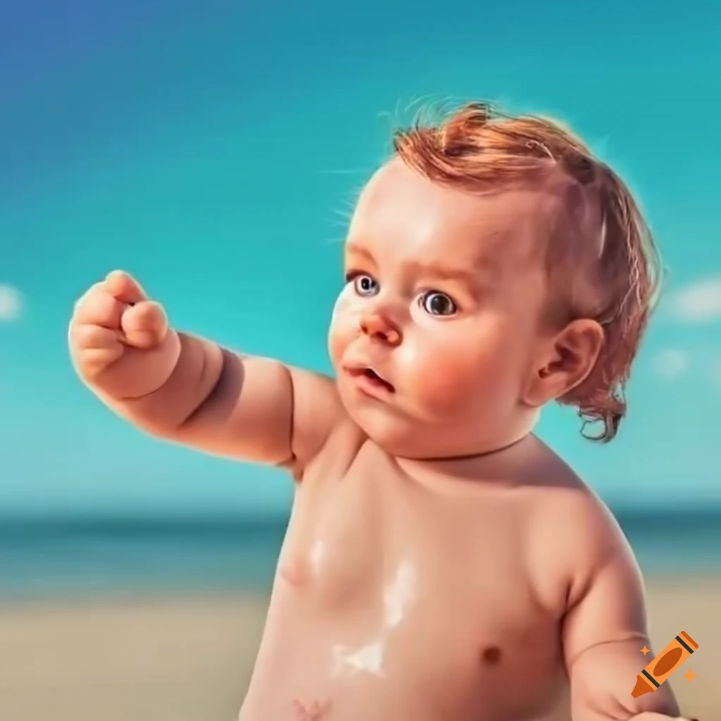 Triumphant baby on the beach with raised fist