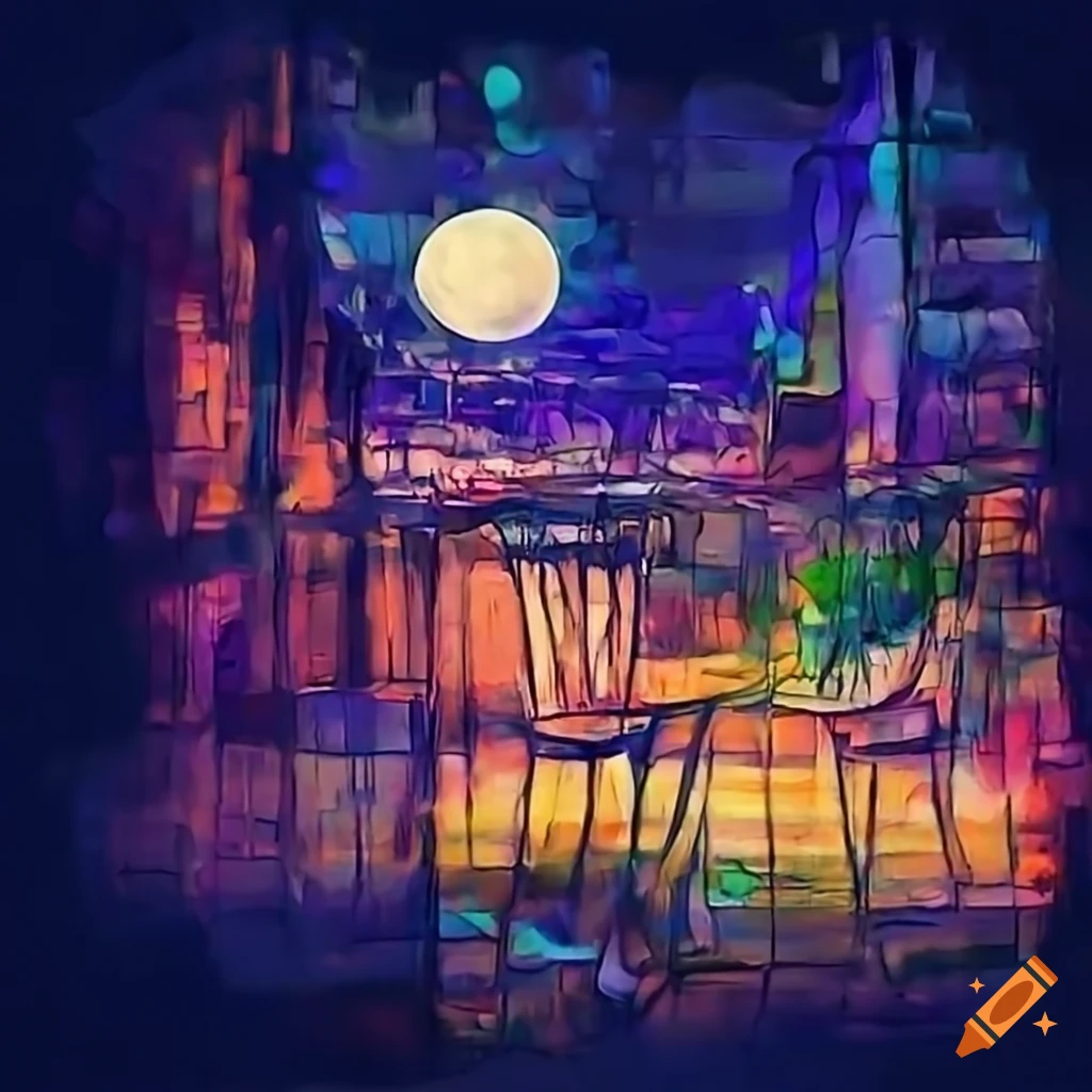 Rooftop terrace overlooking Hamburg cityscape illuminated by moonlight in Kandinski style