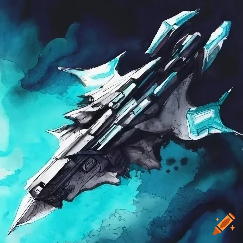 Futuristic spaceship inspired by Katsuhiro Otomo's style and Wipeout 3 game design in watercolor black ink