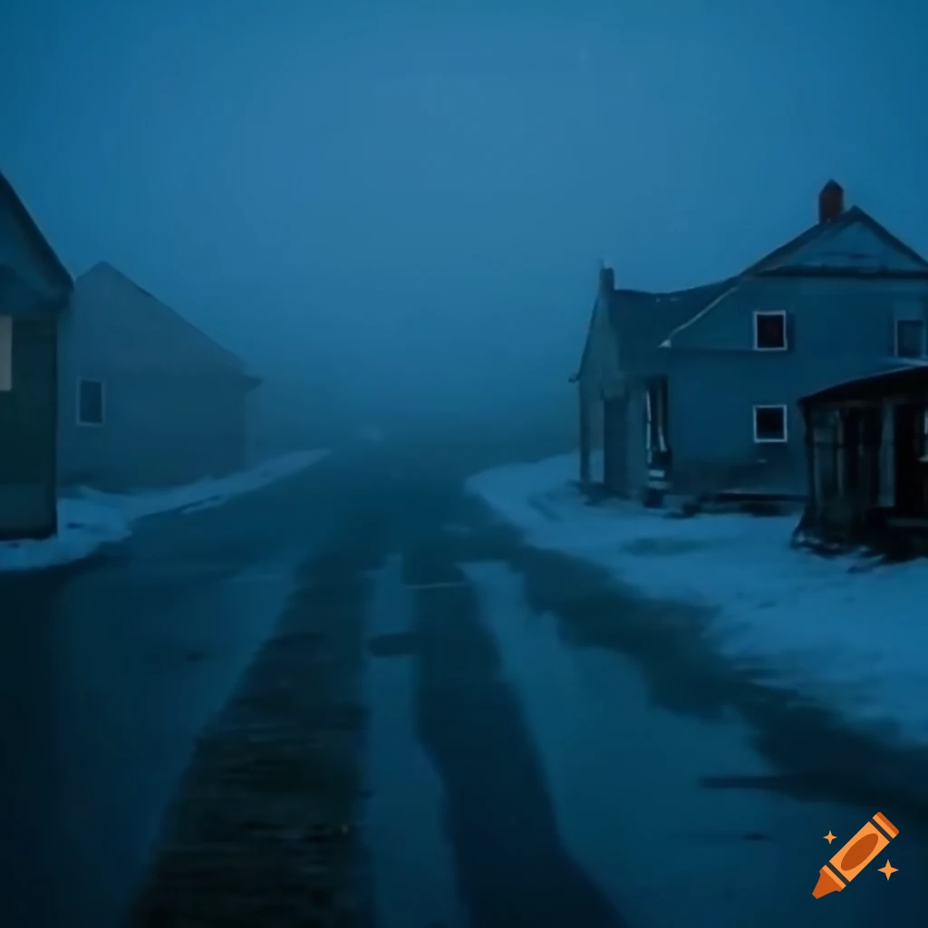 Abandoned Alaskan village in a winter storm under a foggy night sky