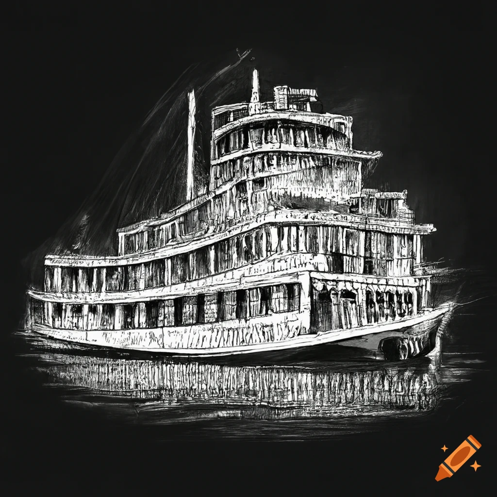 Intricate white chalk drawing of a vintage Mississippi riverboat on black background