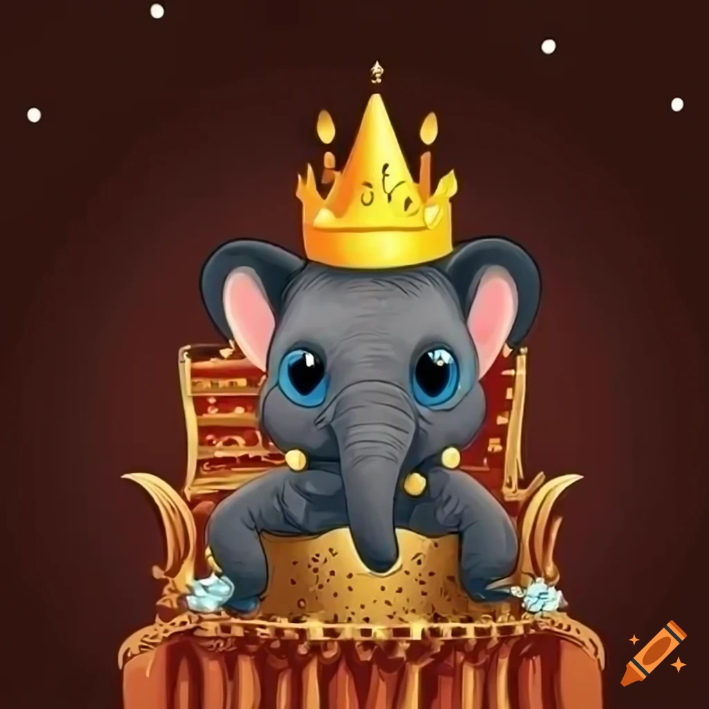 Cartoon baby elephant with a crown, sitting on the iron throne like a king surrounded by a public