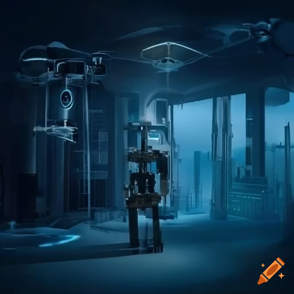 Futuristic drones and robots in an industrial landscape on Craiyon