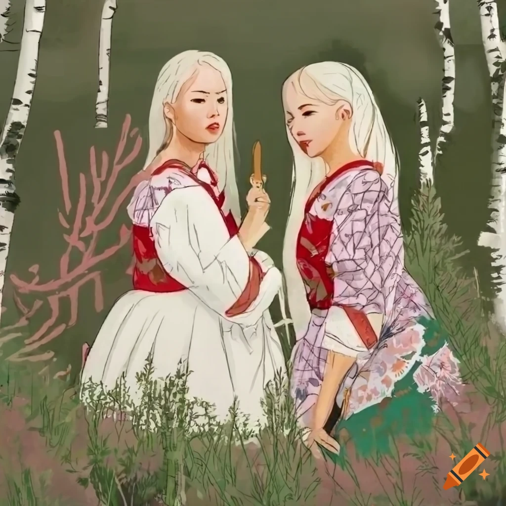 Three joyful female friends in modern Slavic clothes among heather and birch trees in ukiyo-e style