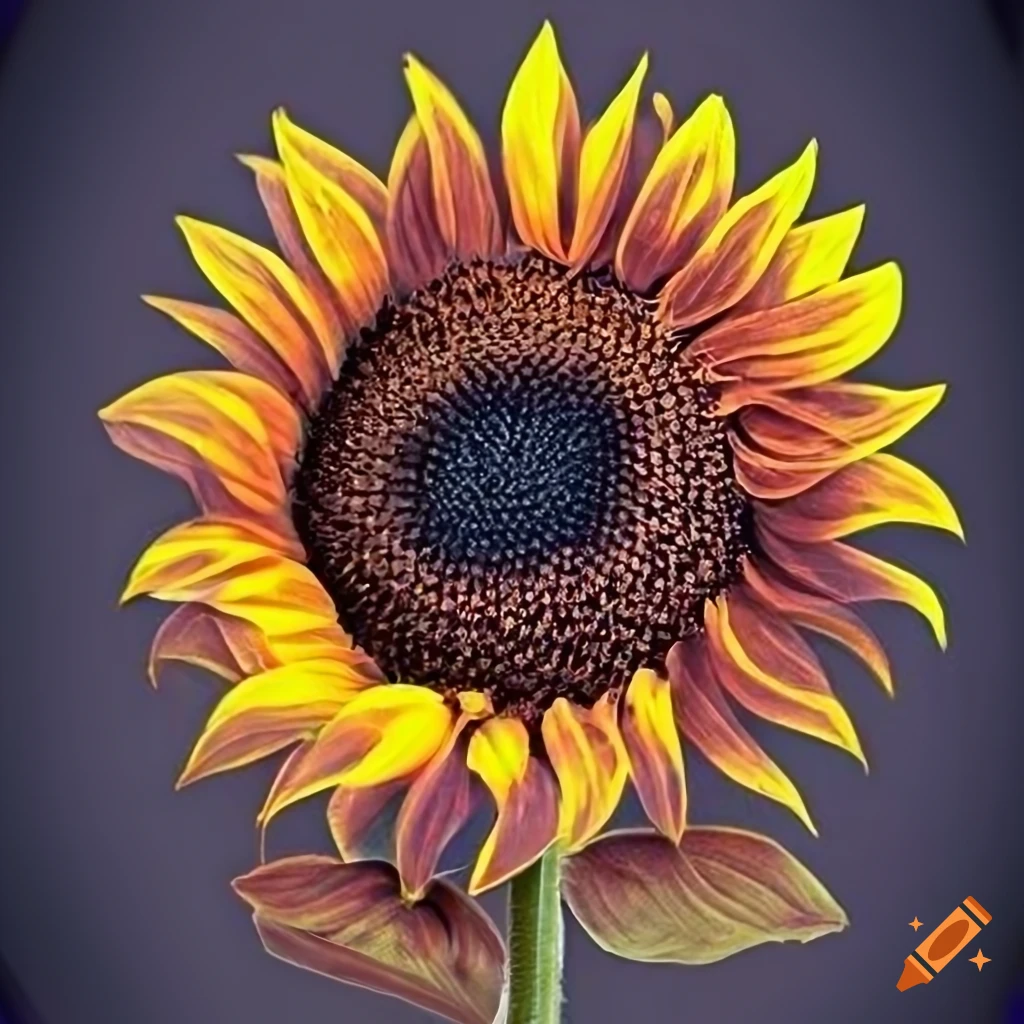 Close-up of a realistic Common Sunflower with vibrant yellow petals and a dark center