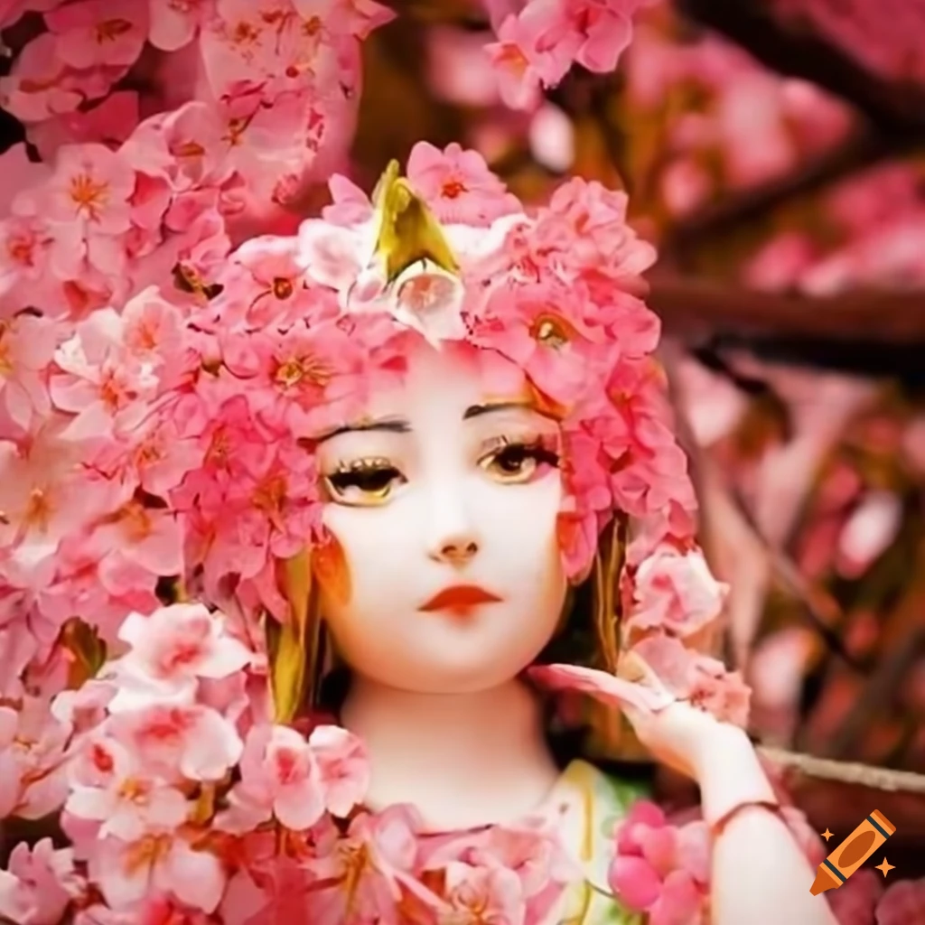 Japanese goddess Sakuya Kami surrounded by tree blossoms