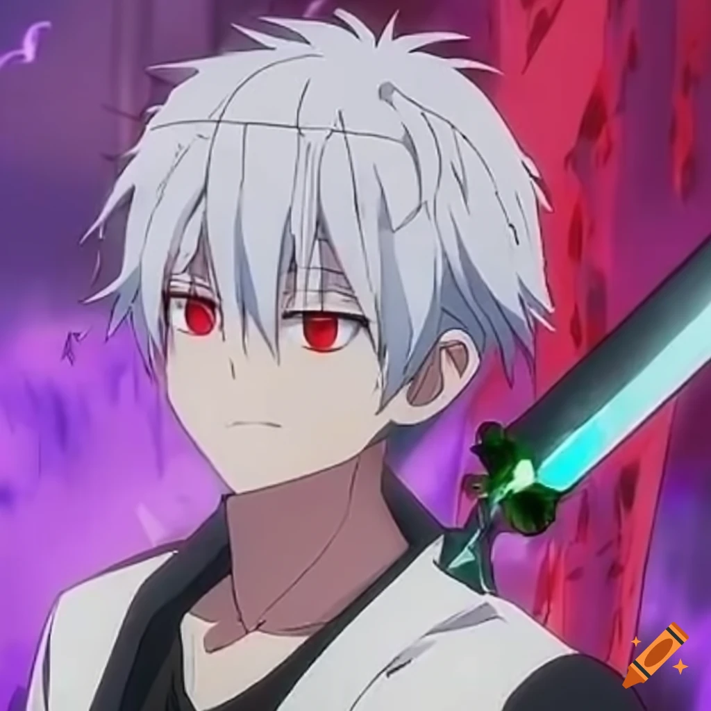 Anime boy with white hair, red eyes, and diamond sword in a flame 