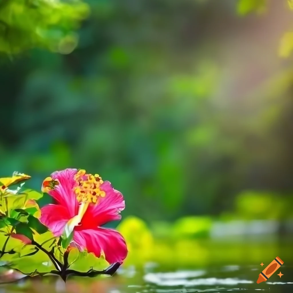 Vibrant tropical landscape with hibiscus flowers and lush greenery on ...