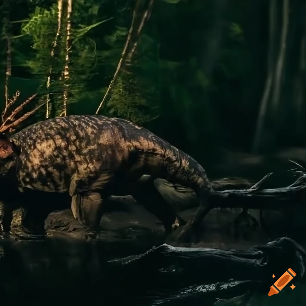 Styracosaurus trio with intricate color pattern by a British Columbia lake