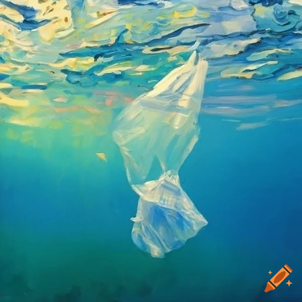 Plastic bag falling into the sea in an impressionist style