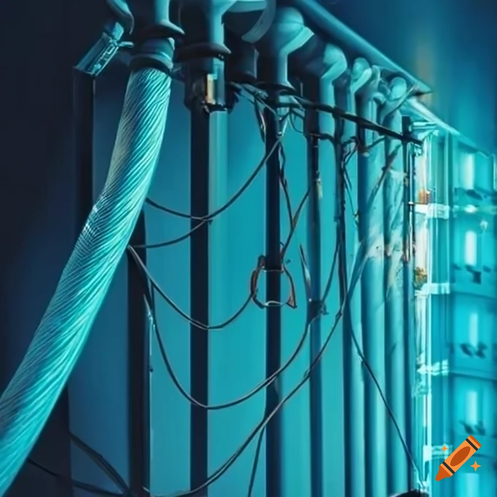 Modern pipes and electricity cables installations on hexagon corridor ...