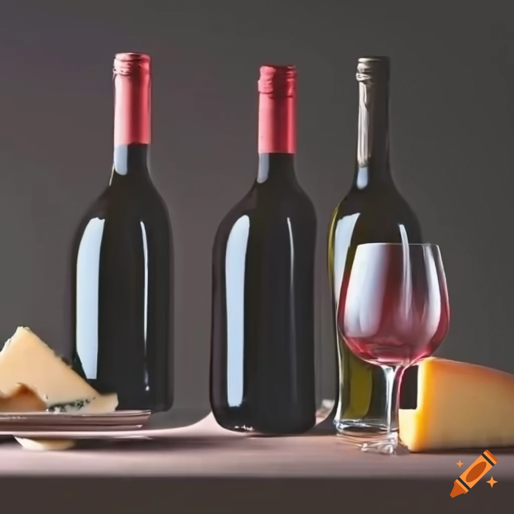 Red wine bottles on a table with wine glasses and cheese plate