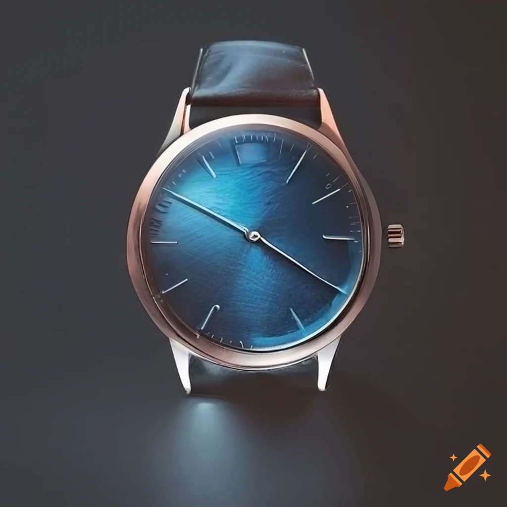 Silver watch with blue dial on dark wooden desk