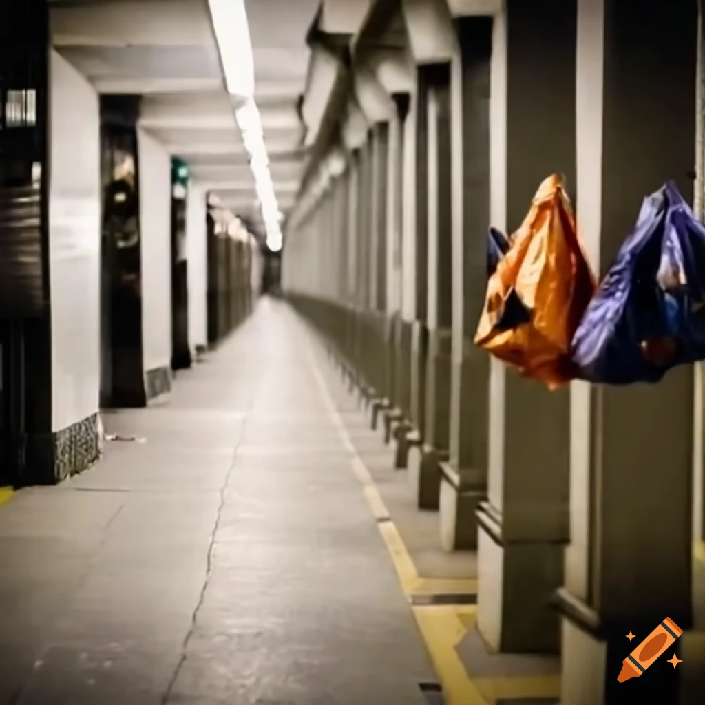 Subway tunnel with plastic bags hanging on pillars