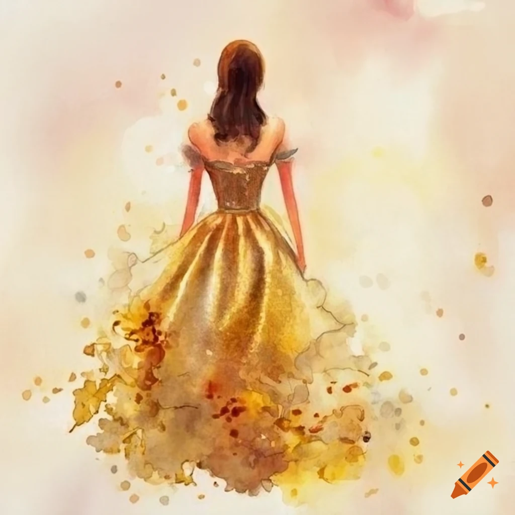 Princess in gold and champagne dress seen from behind in watercolor art