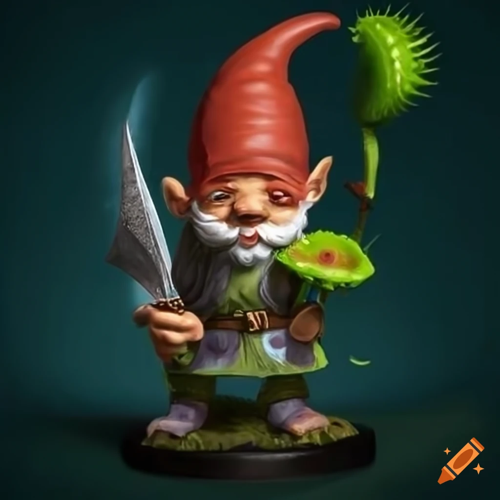 Male Gnome with a Venus fly trap and a sword in Dungeons and Dragons style