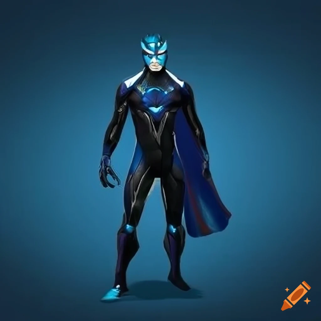 High-tech superhero costume design for Mr. Quanta with metallic blue gradient