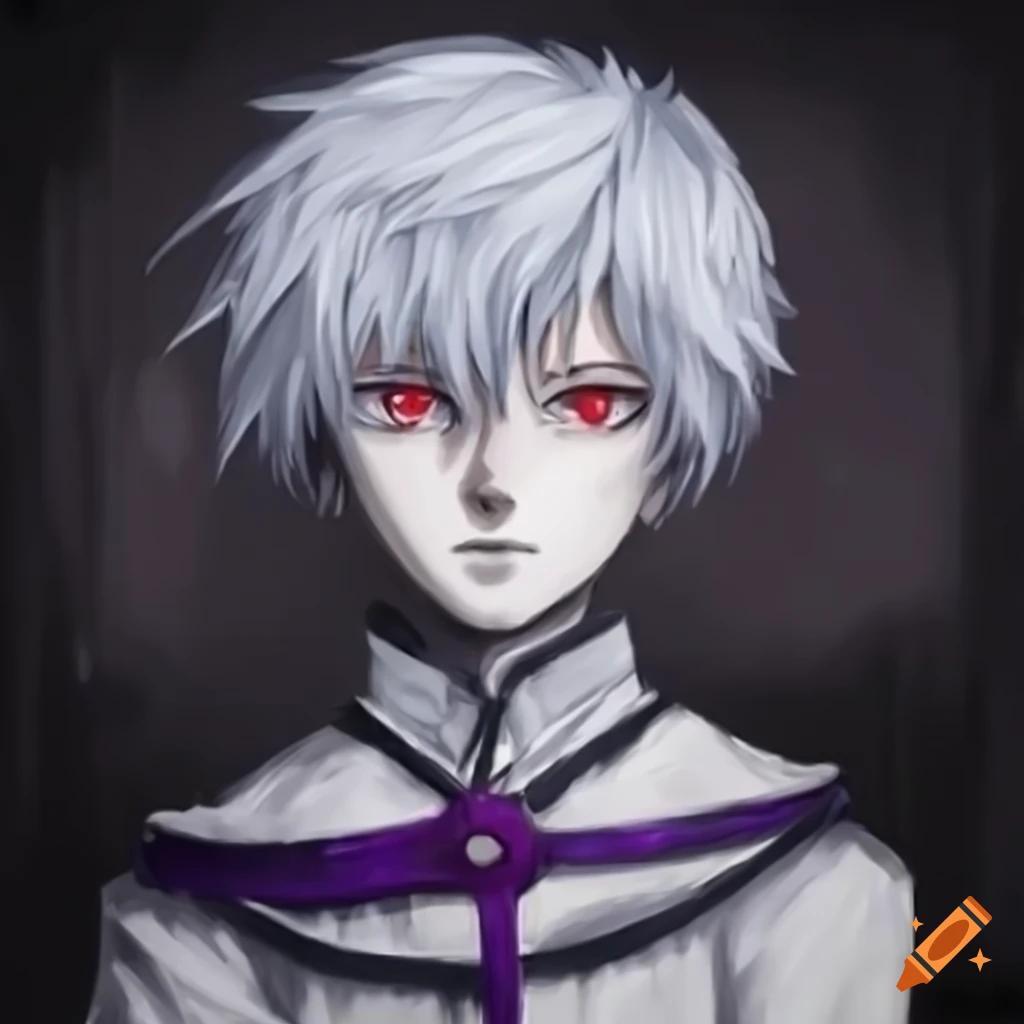 Anime boy with white hair and red eyes dual wielding diamond and purple swords