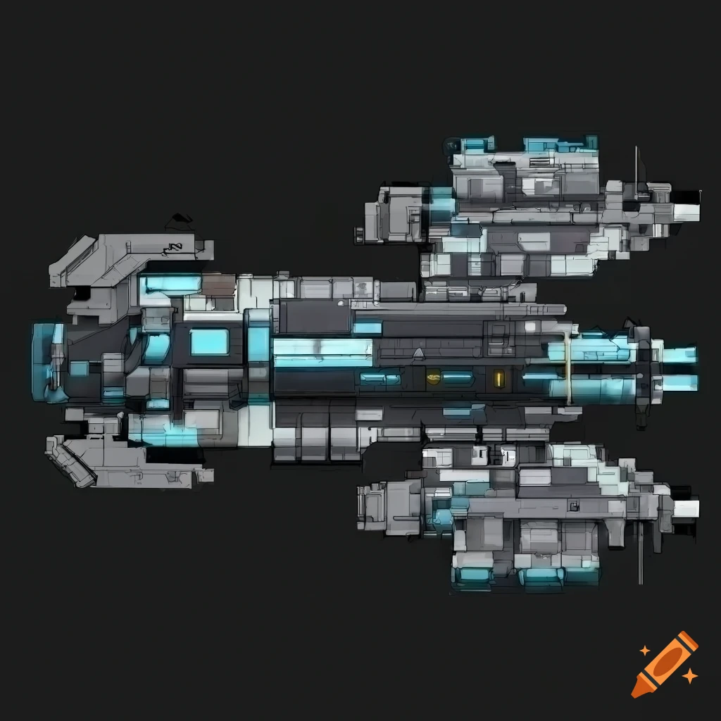 Top-down view sci-fi spaceship in dark background with military style