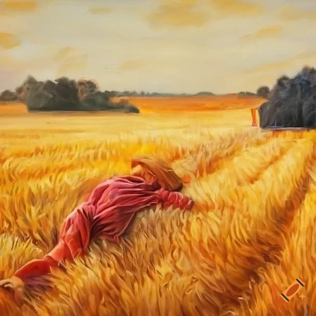 Weary farmer sleeping in a harvest field in a realistic painting