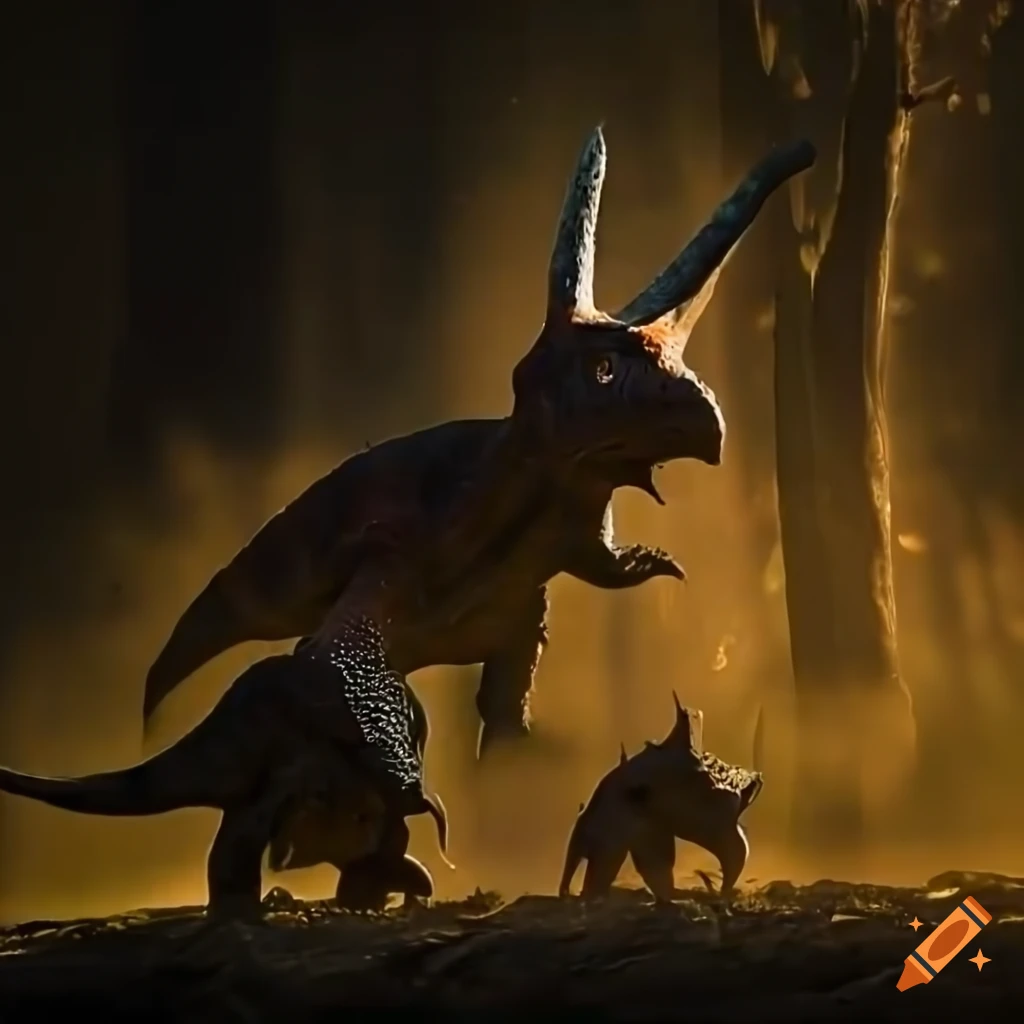 Styracosaurus trio with intricate color pattern by a British Columbia lake