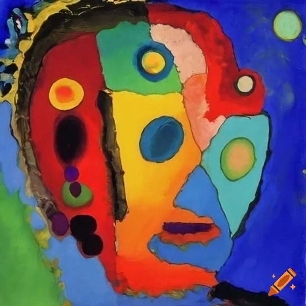 Colorful painting by Kandinsky and Karel Appel depicting an atom and a calendar