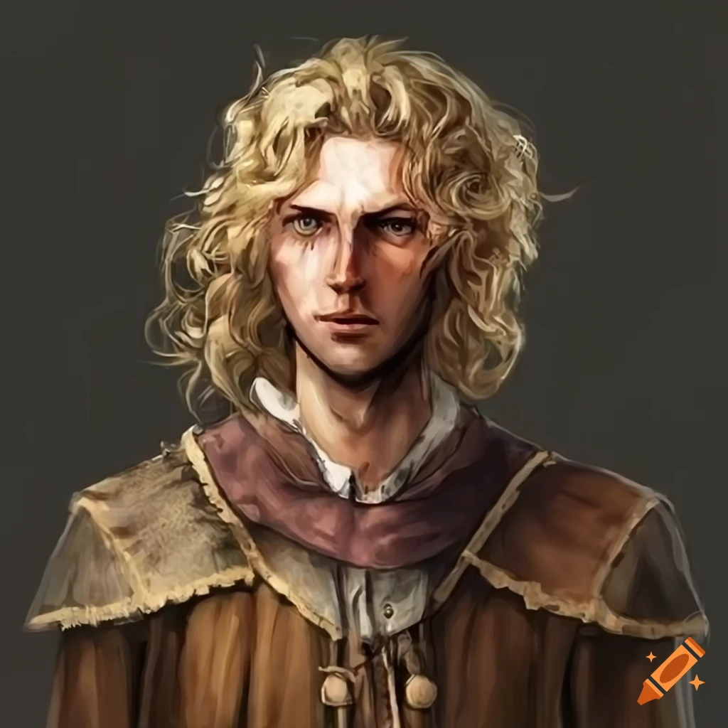 Male merchant mage with messy blonde curls in medieval fantasy attire