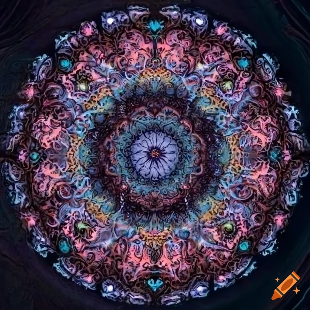 Mandala in the cosmos in a transparent Alex Grey style