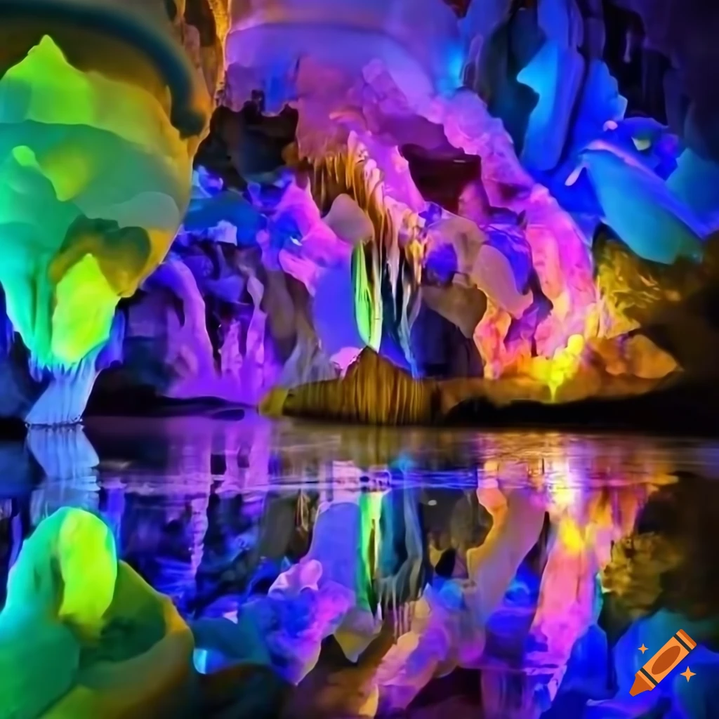 Rainbow colored crystal cavern with big pillars and a meandering river