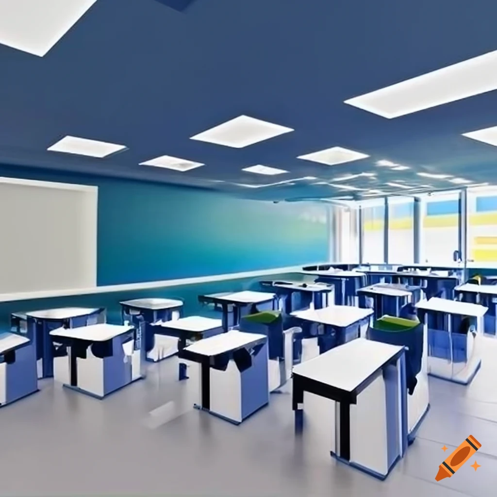 Modern futuristic classroom interior with geometric patterns in blue and white