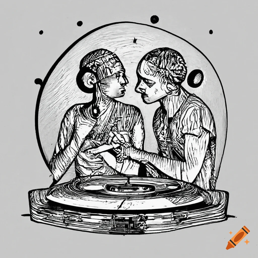 Drawing of electronic music DJs playing at a party under the moon