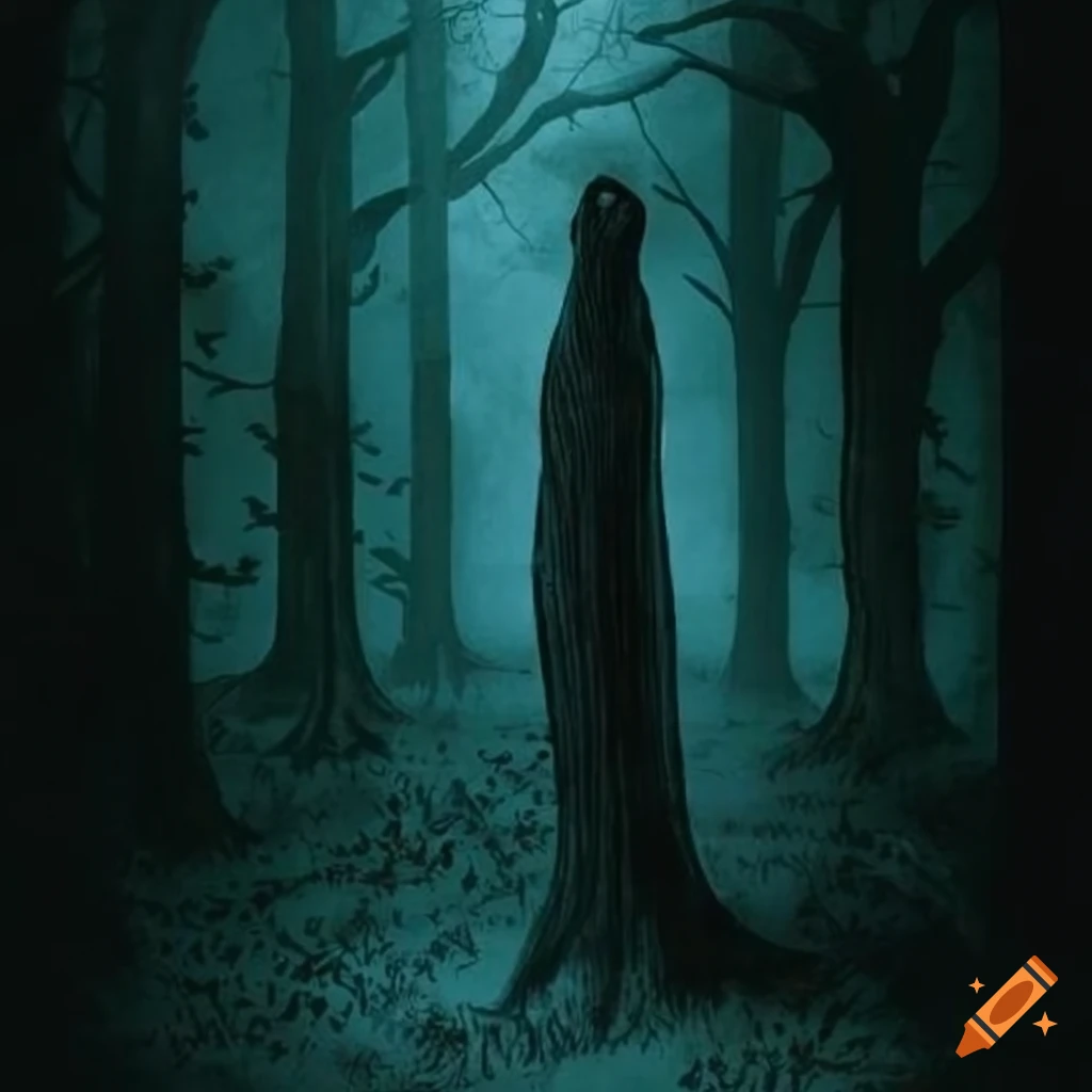 Mysterious figure with elongated features in enchanted forest