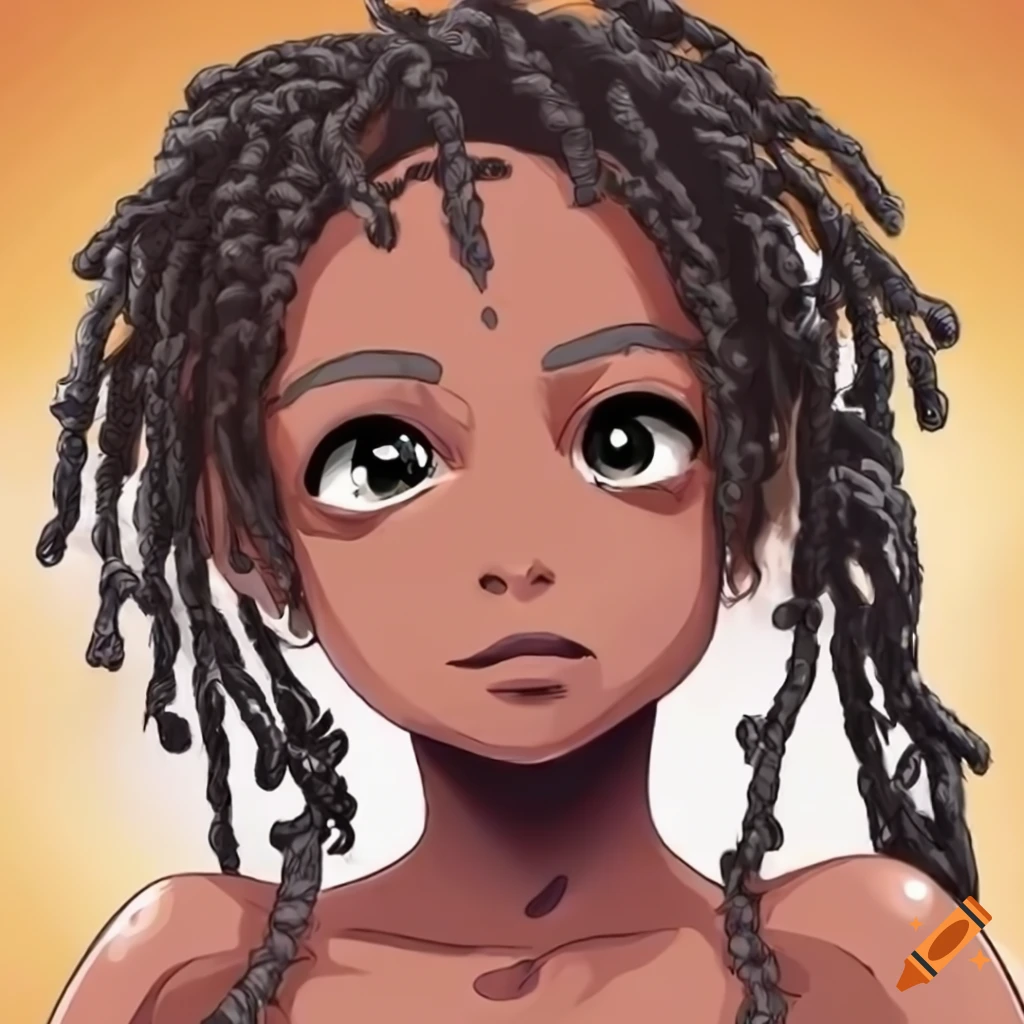 Cute African girl with dreadlocks and ebony skin in anime style