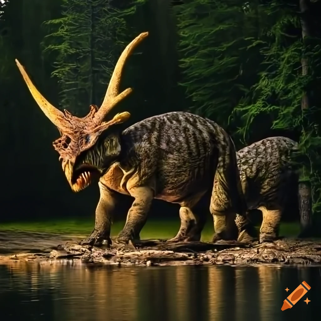 Styracosaurus trio with intricate color pattern by a British Columbia lake