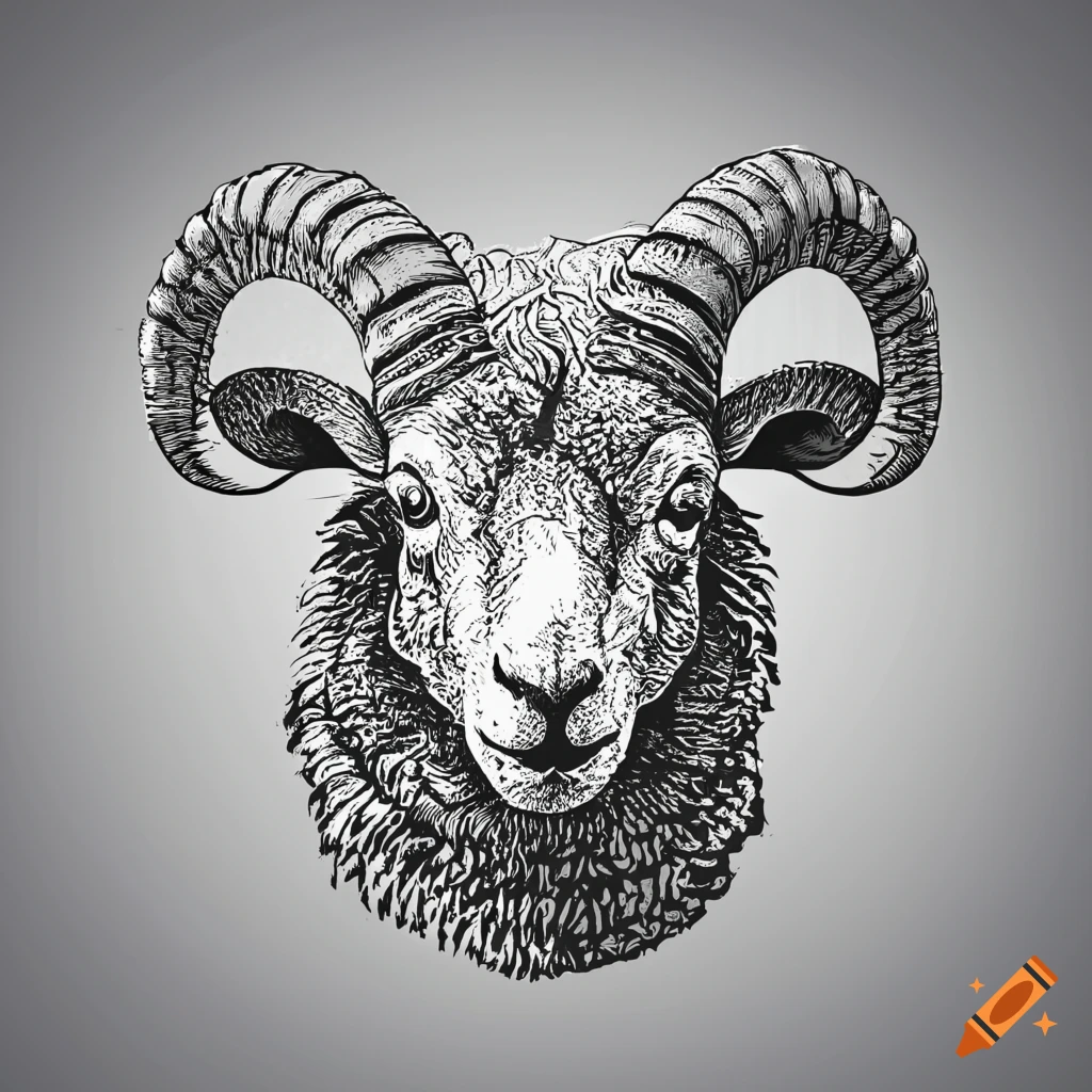 Head of Marino ram sheep in etch vector style